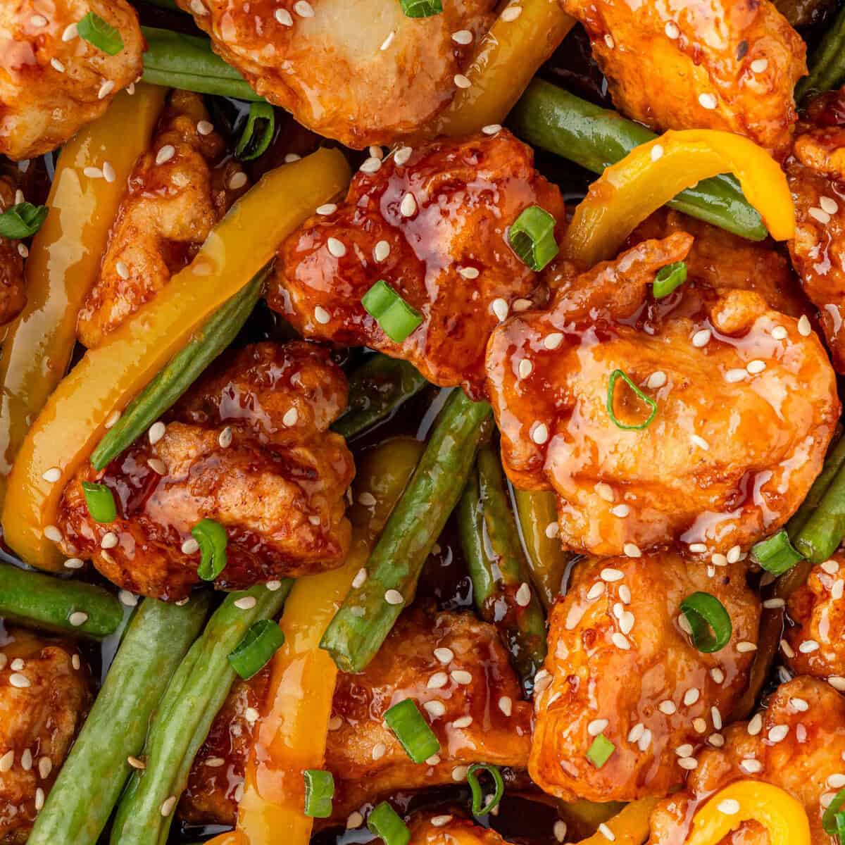Close-up of Panda Express honey sesame chicken recipe with crispy chicken and vegetables