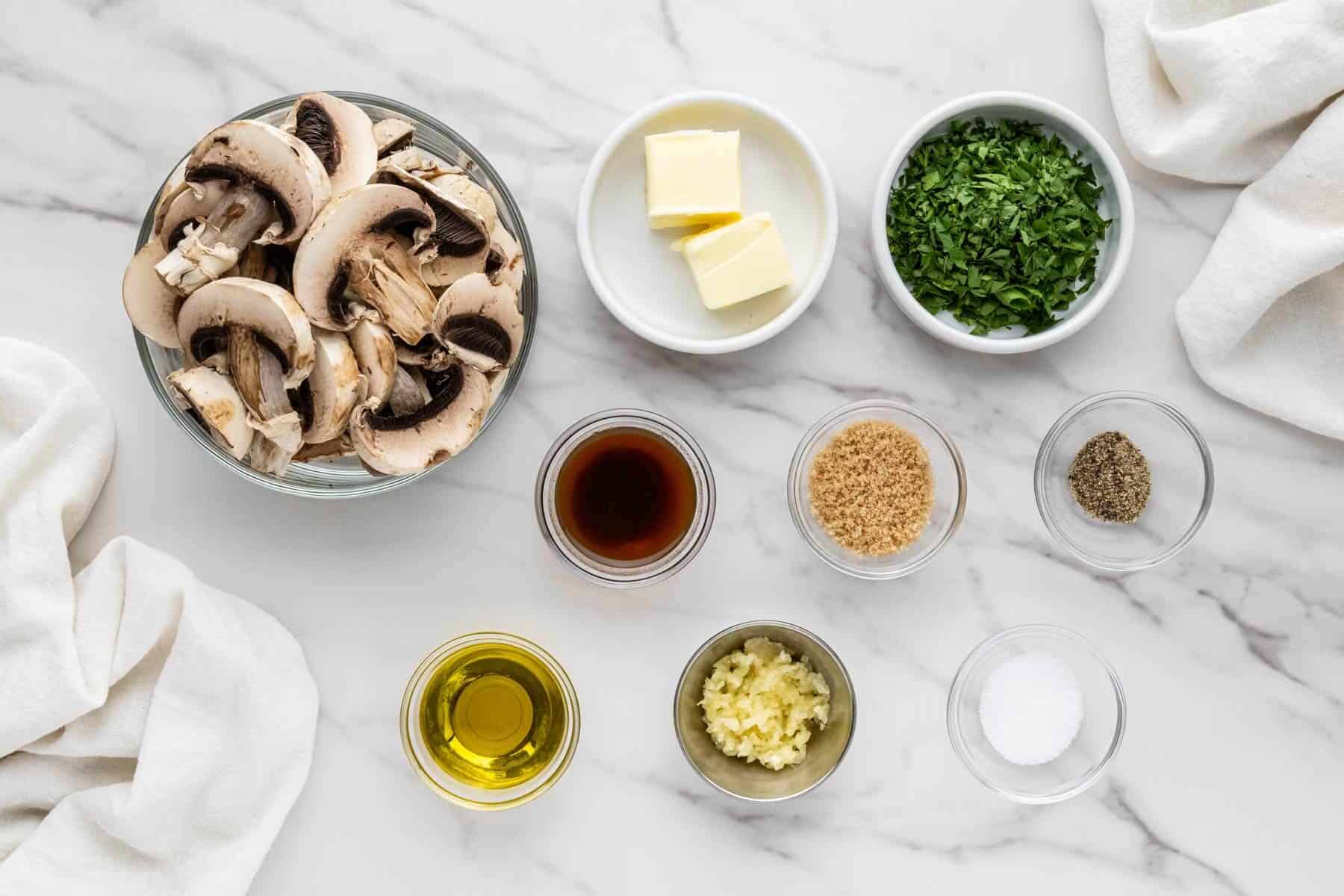 Texas Roadhouse Sautéed Mushrooms ingredients in individual bowls 
