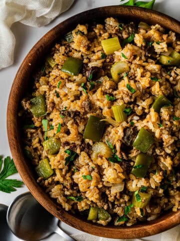 Popeye’s Cajun Rice recipe copycat served in bowl with ground beef and Cajun seasoning