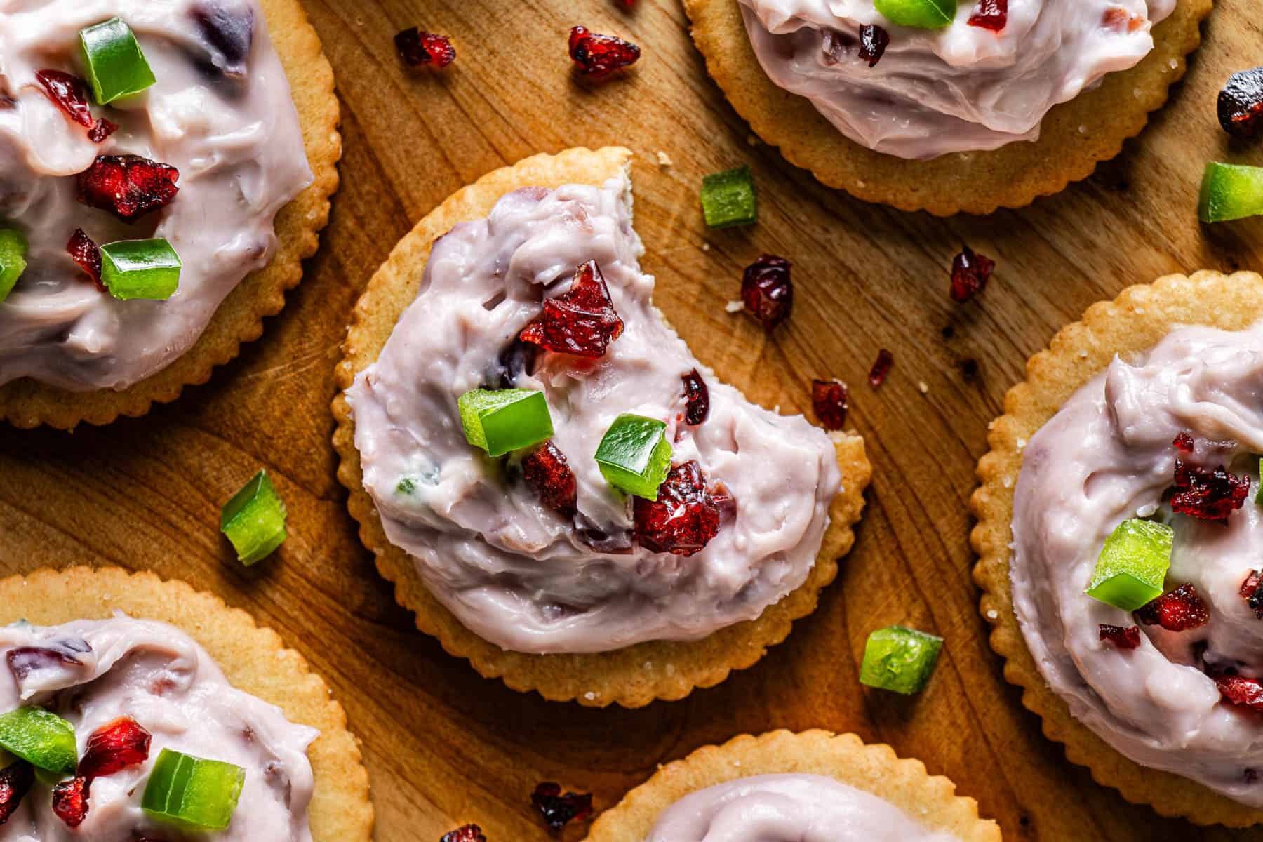 copycat La Terra Fina cranberry jalapeño dip served on crackers