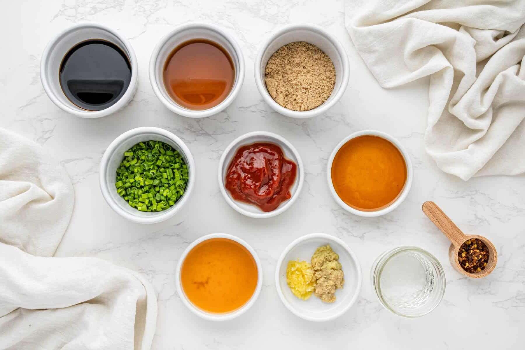 Ingredients for Panda Express bourbon chicken sauce including soy sauce, brown sugar and honey