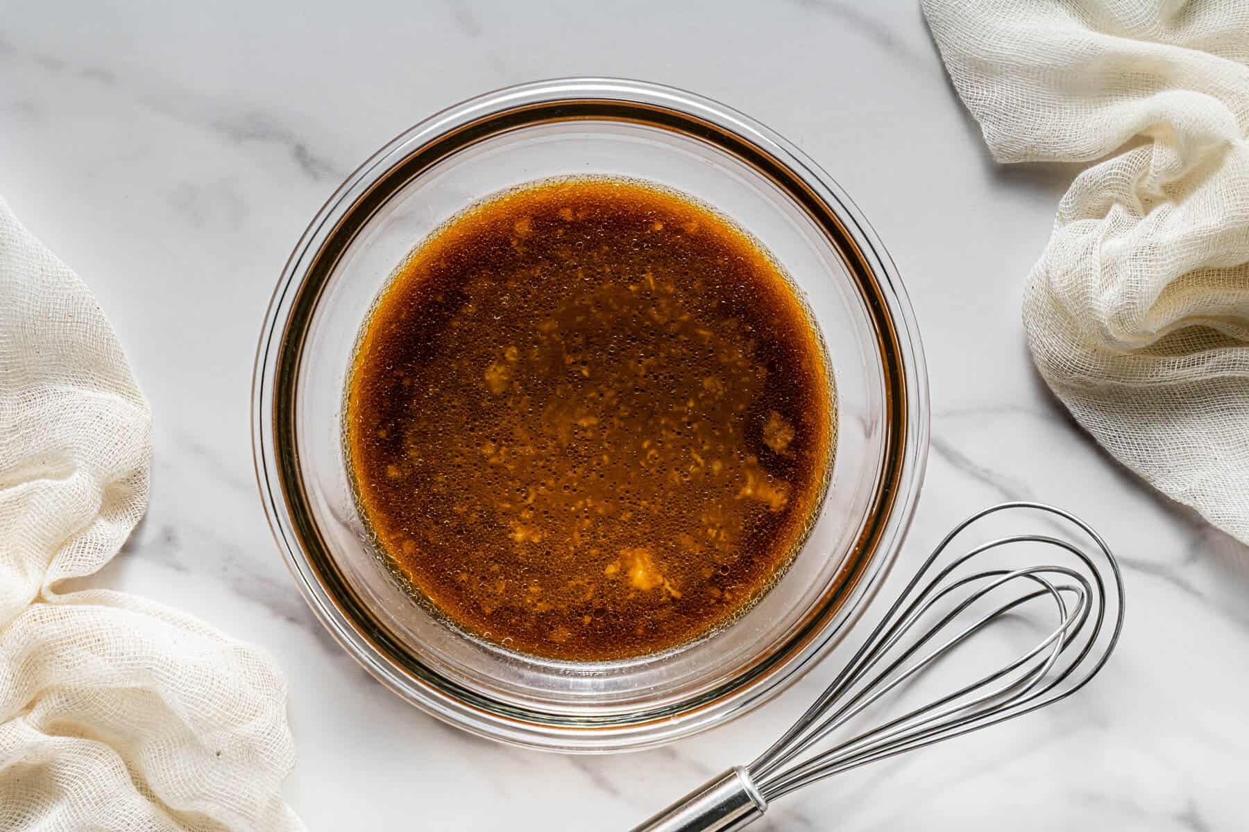 Homemade stir fry sauce whisked in a bowl