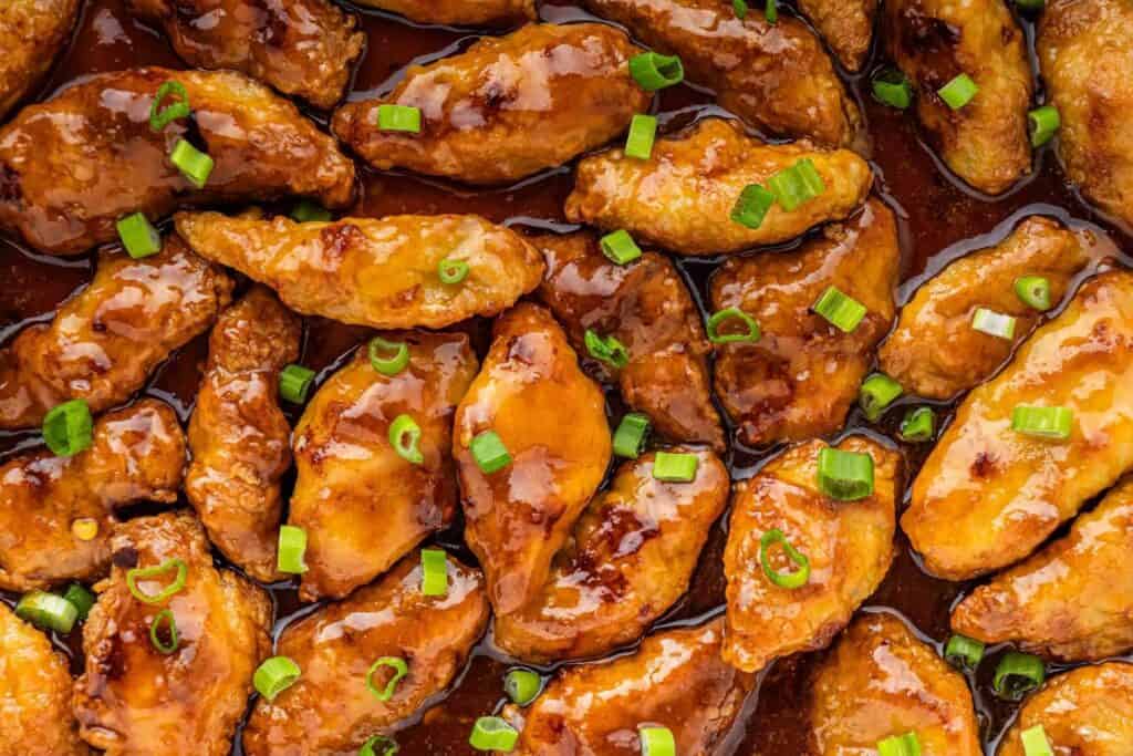 closeup view of air fryer Panda Express Orange Chicken